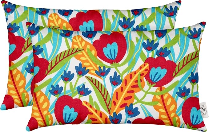 Lumbar Throw Pillows Set of 2 | 20"x 12" | All-Weather Spun Fabric | Water and Fade-Resistant | Outdoor Support Pillows for Patio Furniture | Artistic Multicolor Floral