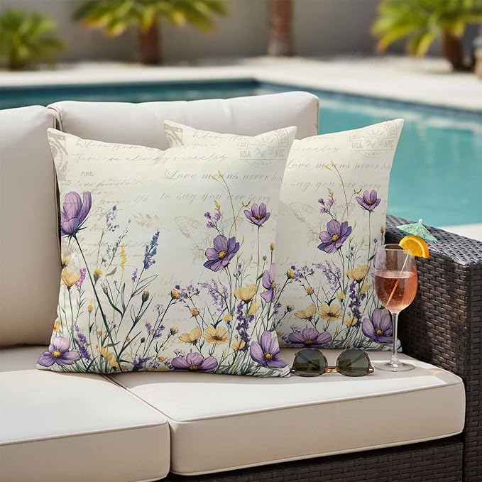 Spring Floral Outdoor Waterproof Throw Pillow Covers Set of 2, 18"x18", Purple Yellow Flower Leaves Retro Letter Texture Decorative Pillow Covers Outside Cushion Case for Patio Porch Garden