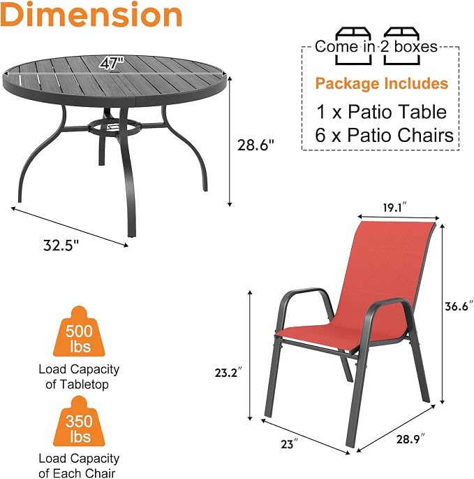 Outdoor Patio Dining Set for 6, 7 Pieces Patio Table and Chairs Set with Umbrella Hole, 47"x 47" Round Metal Wood-Grain Dining Table Set with 6 Stackable Patio Chairs for Deck , Backyard, Porch