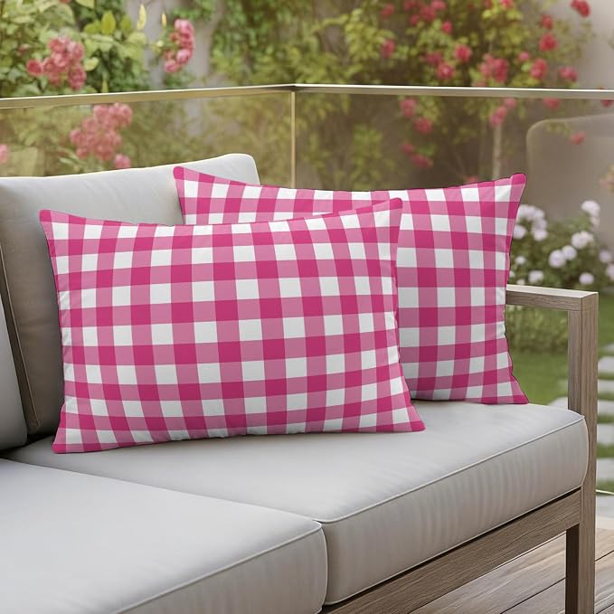 Hot Pink Checks Outdoor Pillow Covers 20"x12" Set of 2, Gingham Plaid Abstract Modern Minimalist Waterproof Throw Pillow Covers for Patio Furniture, Decorative Cushion Covers for Porch