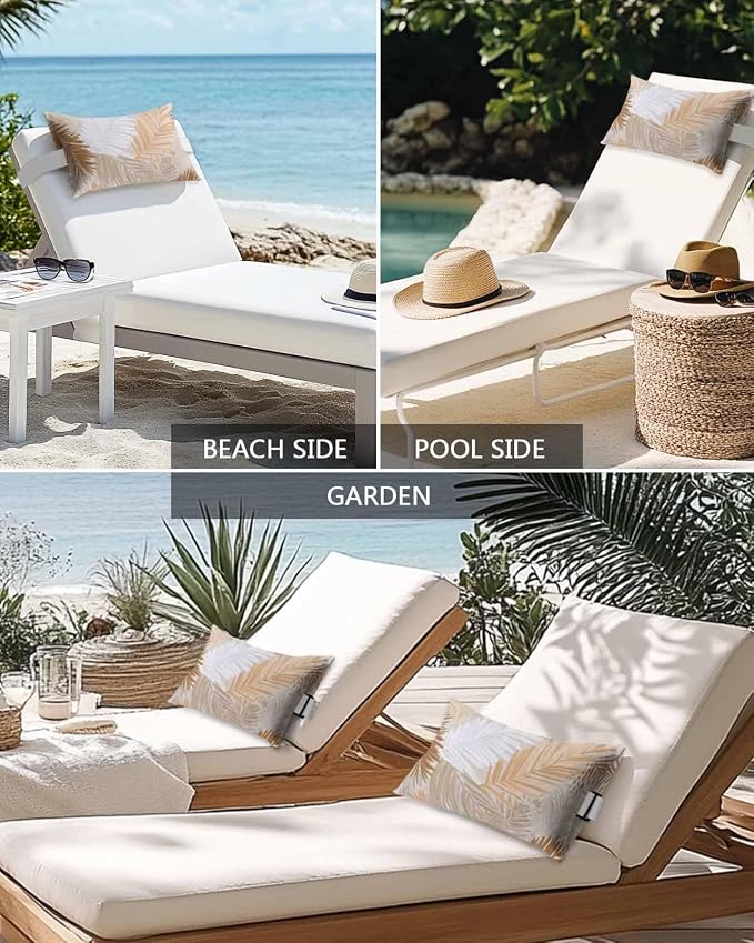 Outdoor Pillows Waterproof Covers Set of 2, Brown Palm Leaves Adjustable Elastic Chaise Lounge Head Resting Pillows, Tropical Leaf Plant Lumbar Pillow for Pool Beach Patio Furniture 11x16 Inch