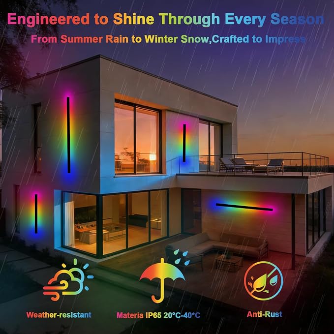 RGB Outdoor Wall Lights, Ip65 Waterproof Linear Led Modern Wall Sconce, 7 Colors and 358 Light Effects, Dimmable with Remote Modern Linear Exterior Light Fixture 31.5 inch (1 Pack)