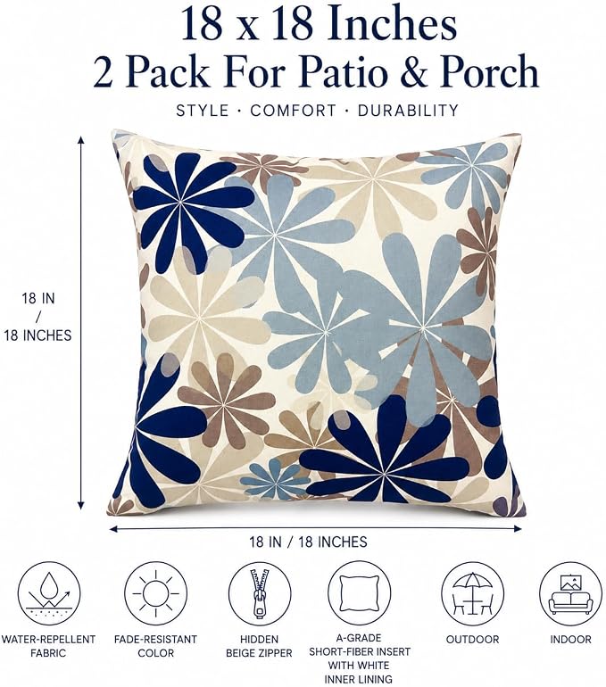2 Pack Outdoor Throw Pillows 18x18 with Inserts, Water-Repellent | 2-pack 18x18 outdoor throw pillows with inserts, water-repellent polyester covers, hidden zippers, and indoor/outdoor style.