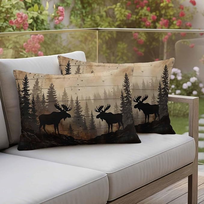 Nature Landscape Outdoor Waterproof Pillow Covers Pack of 2, Rustic Moose Forest Pine Silhouettes Wildlife Throw Pillowcases Decorative Cushion Covers for Garden Patio Tent Sofa Couch, 20x12 inch