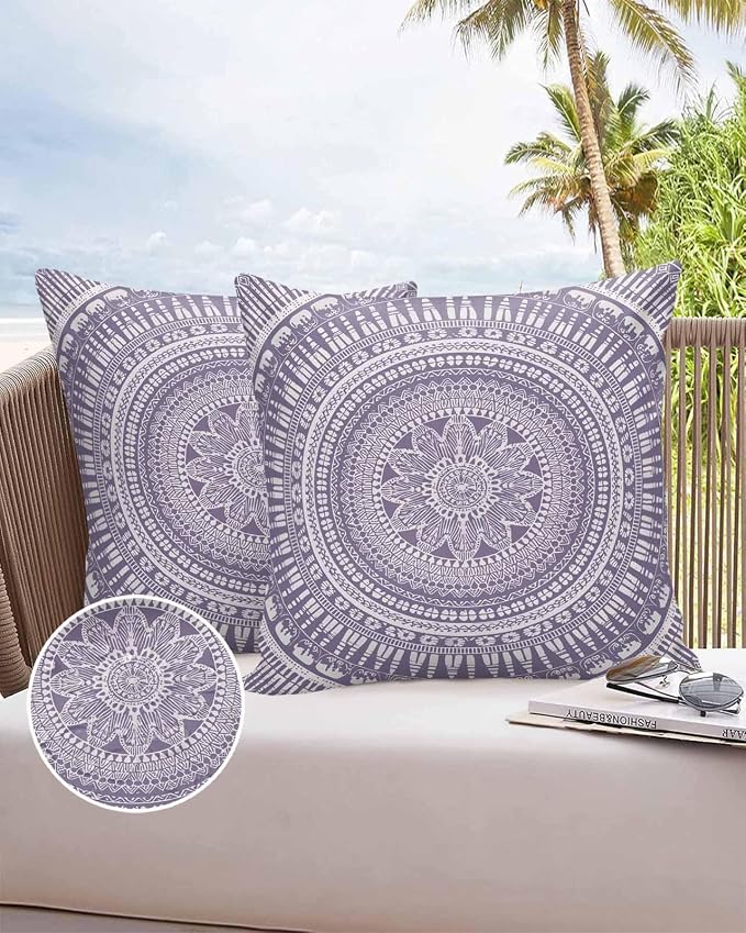 Vandarllin Outdoor Throw Pillows Covers 26x26 inch Set of 2 Waterproof Purple Boho Decorative Zippered Cushion Covers for Patio Furniture, Bohemian Floral Geometric Lumbar Pillowcases
