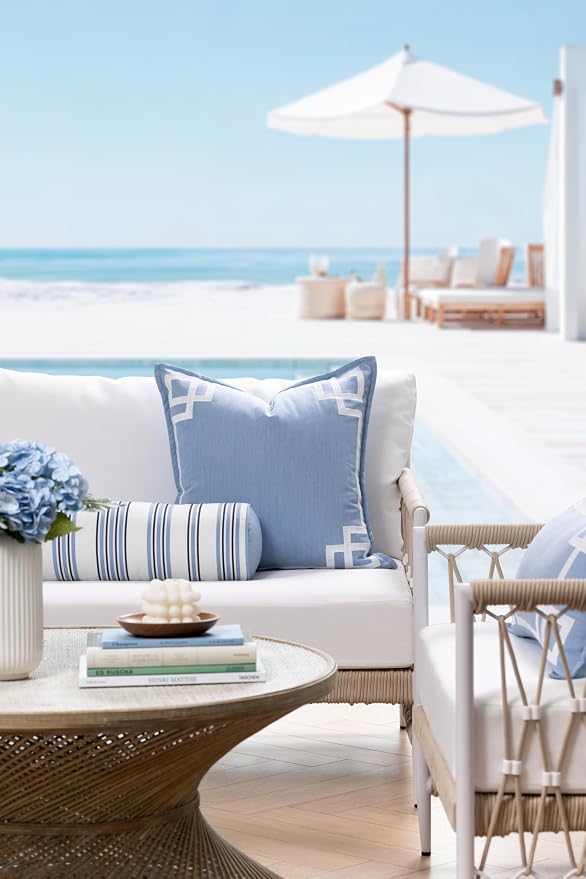 Hofdeco Premium Coastal Hampton Outdoor Performance Bolster Pillow Cover Only, 6"x20" Water Repellent, UV and Fade Resistant for Backyard, Couch, Poolside, Azure Blue Indigo Woven Bayside Stripes