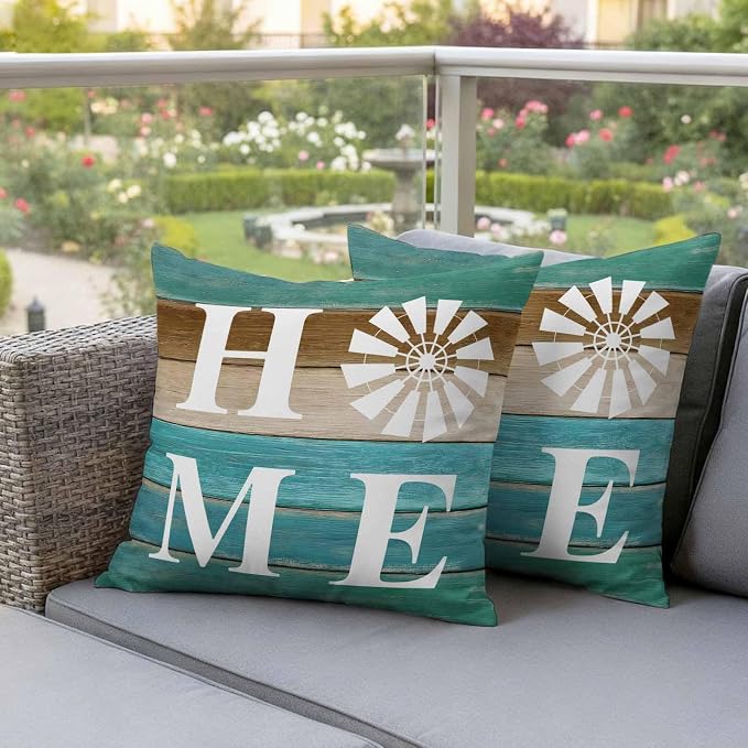 Outdoor Pillow Covers Set of 2, Home Windmill Farmhouse Wooden Decorative Throw Pillow Covers 16X16IN, Farm Teal Wood Board Throw Pillows Protector Cushion Case for Patio,Couch,Sofa,Garden