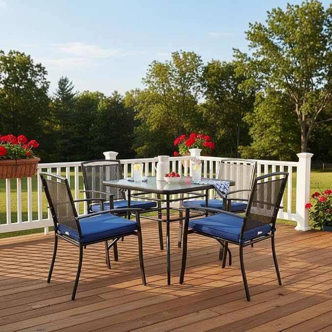 Tangkula 32" Square Outdoor Dining Table with Tempered Glass Top, Outside Bistro Table with 2" Umbrella Hole & Metal Frame, Patio Dining Table for Backyard, Lawn, Deck & Poolside