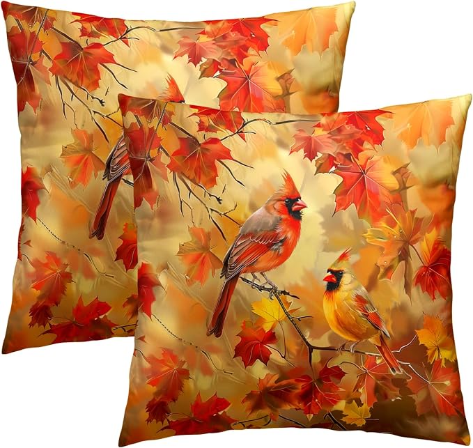 Maple Leaf Fall Pillow Cover Set of 2, 20x20 Inch Autumn Harvest Tree and Birds Rustic Farmhouse Cotton Linen Square Cushion Case for Couch Sofa Bed Patio Living Room Home Decor