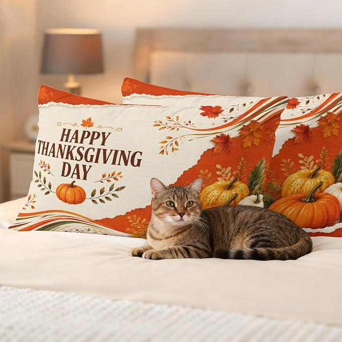 Fall Thanksgiving Waterproof Outdoor Pillow Covers 20''x12'' Set of 2, Maple Leaves Orange Pumpkins Patio Furniture Cushion Covers for Chairs, Decorative Farmhouse Pillow Cases for Garden/Pool/Beach