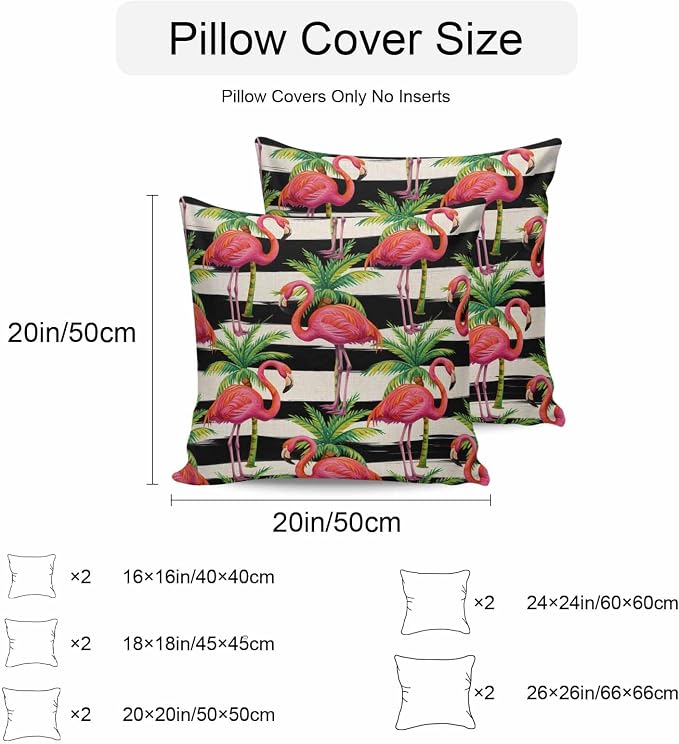 Vandarllin Outdoor Throw Pillows Covers 26x26 inch Set of 2 Waterproof Flamingo Decorative Zippered Cushion Covers for Patio Furniture, Tropical Palm Leaves Black Stripe Linen Lumbar Pillowcases