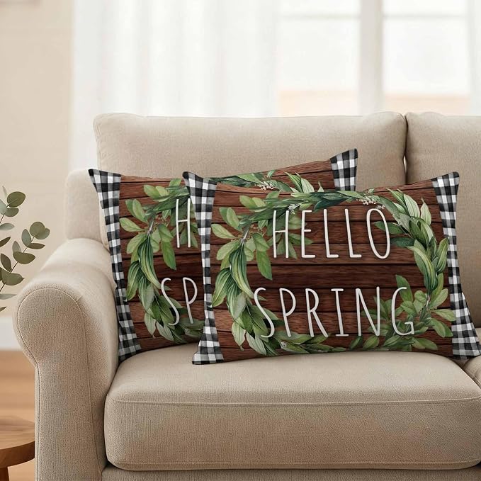 Hello Spring Outdoor Pillow Covers Pack of 2 Green Leaf Plant Black Plaid Brown Wood Grain Waterproof Throw Pillow Covers Decorative Cushion Cases for Patio Garden Tent Balcony Couch 20x12 inch