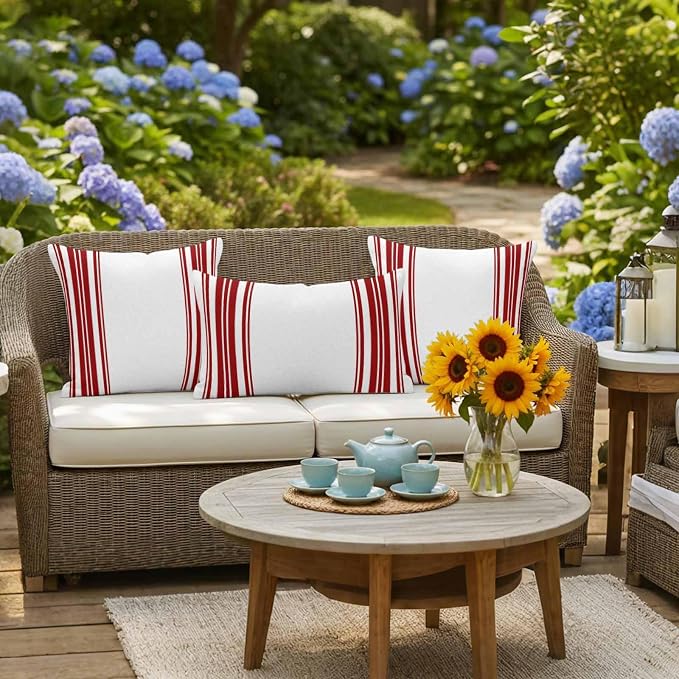 Outdoor Waterproof Throw Pillow Covers Set of 2 Red Stripes Pillowcases 20x20 Inches White Vertical Striped Decorative Pillows Cushion Case Patio Pillows for Couch Bed Chair Garden