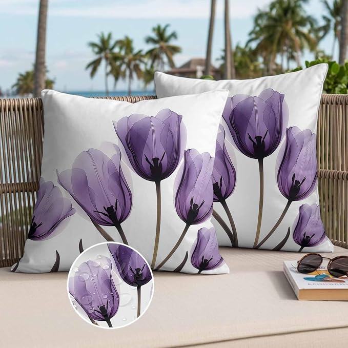 Spring Purple Outdoor Waterproof Throw Pillow Covers Set of 2, 20"x20", Flowers Image of Tulips Floral Decorative Pillow Covers Outside Cushion Case for Patio Porch Garden