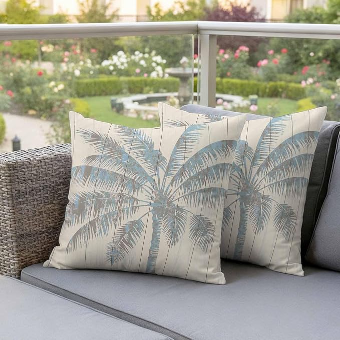 Summer Palm Trees Waterproof Outdoor Pillow Covers 20''x20'' Set of 2, Summer Wood Grain Patio Furniture Vintage Cushion Covers for Chairs, Decorative Blue Tropical Pillow Cases for Garden/Pool/Beach