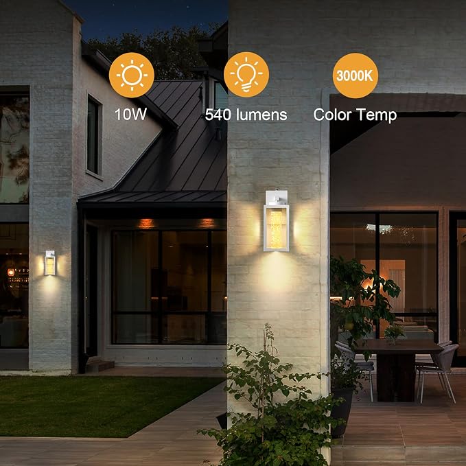 VIANIS 2 Pack Dusk to Dawn Outdoor Sconce Lights, White Built-in 10W LED Exterior Lighting Fixtures Wall Mount for House, Anti-Rust Modern Porch Lights Outdoor for Garage with Crystal Bubble Glass