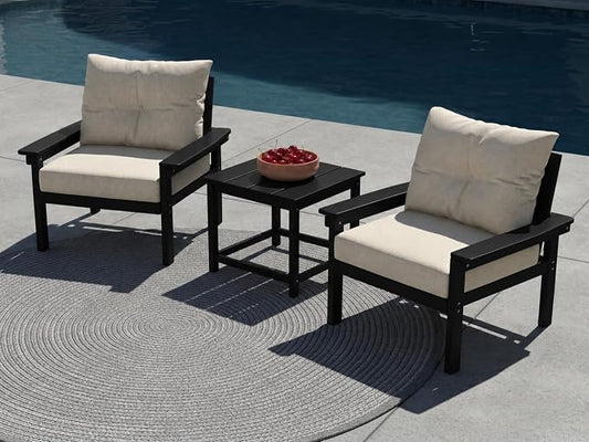 3 Piece HDPE Outdoor Patio Furniture Set, All-Weather 2 Armchairs with Side Table, Patio Conversation Set with Beige Washable Thick Cushion for Balcony,Porch (Black Frame)