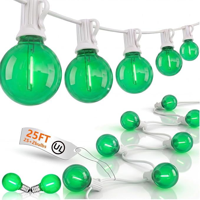 25Ft G40 LED Outdoor Globe String Lights, Outdoor St. Patrick's Day Decorations Lights with 27 Shatterproof Green Bulbs, Hanging Patio Light Waterproof for Irish-themed Party Backyard Garden Wedding