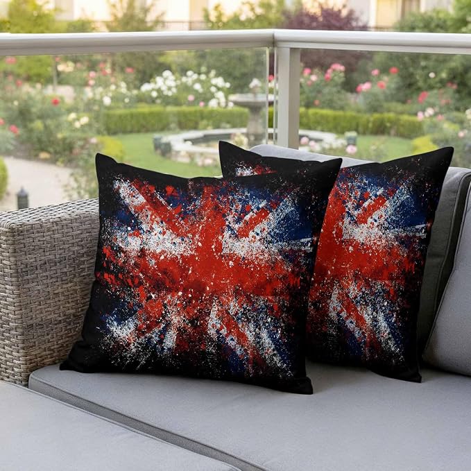 4th of July Outdoor Throw Pillows Covers 24x24 inch Set of 2 Waterproof British Flag Decorative Zippered Cushion Covers for Patio Furniture, Retro National Flag Independence Day Lumbar Pillowcases