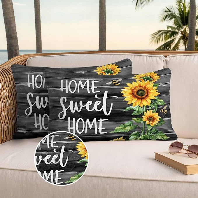 Lumbar Pillow Covers 20x12 Inch Set of 2, Spring Sunflowers Waterproof Outdoor Pillow Covers, Black Wooden Grain Country Farm Decorative Cushion Pillowcases for Couch, Sofa, Bed, Garden, Patio