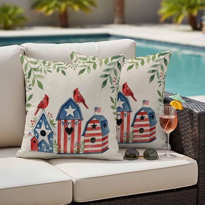 American Flag Bird House Outdoor Pillow Covers Waterproof, All Weather Cushion Case Set of 2, Green Eucalyptus Beige 250th Decorative Pillowcases for Sofa Couch Bed Decor Patio Furniture 20"x20"
