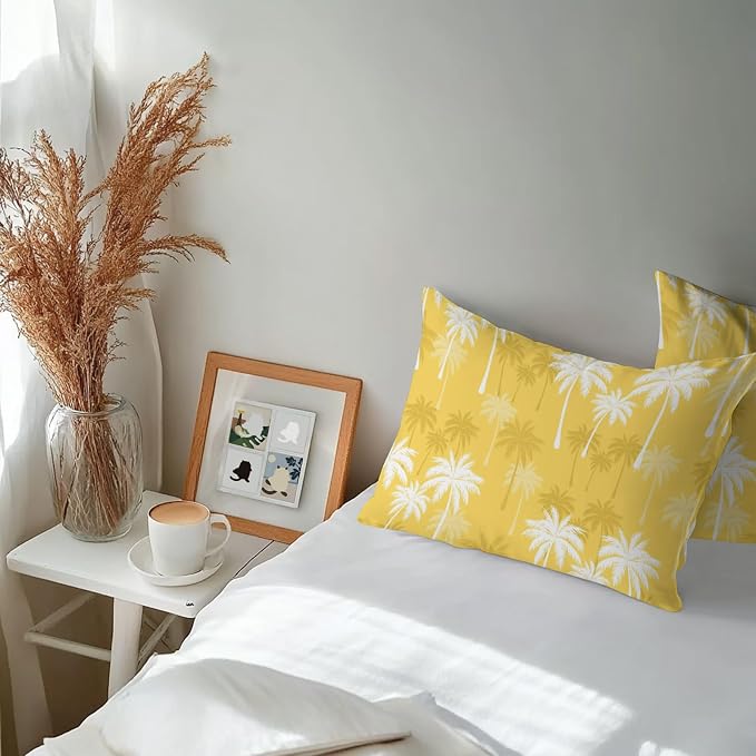 Lumbar Pillow Covers 20x12 Inch Set of 2, Tropical Palm Tree Waterproof Outdoor Pillow Covers, Yellow White Plants Coastal Leaf Beach Decorative Cushion Pillowcases for Couch, Sofa, Bed, Garden, Patio