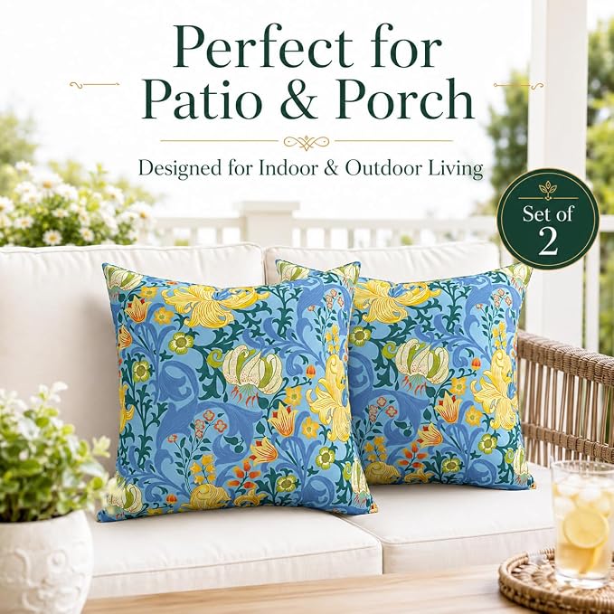 Outdoor Throw Pillows 18×18 Inch Waterproof Pillows with Inserts | Set of 2 Fade Resistant Decorative Square Pillows for Couch, Sofa and Patio Furniture