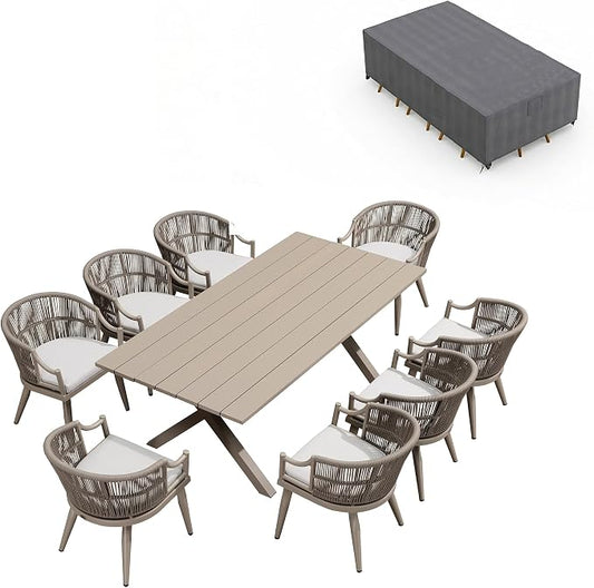 PURPLE LEAF Outdoor Dining Set for 8 with Waterproof Furniture Cover All Weather Patio Dining Set with Rectangular Aluminum Table and Wicker Dining Chairs for Garden Deck Backyard Kitchen, Champagne