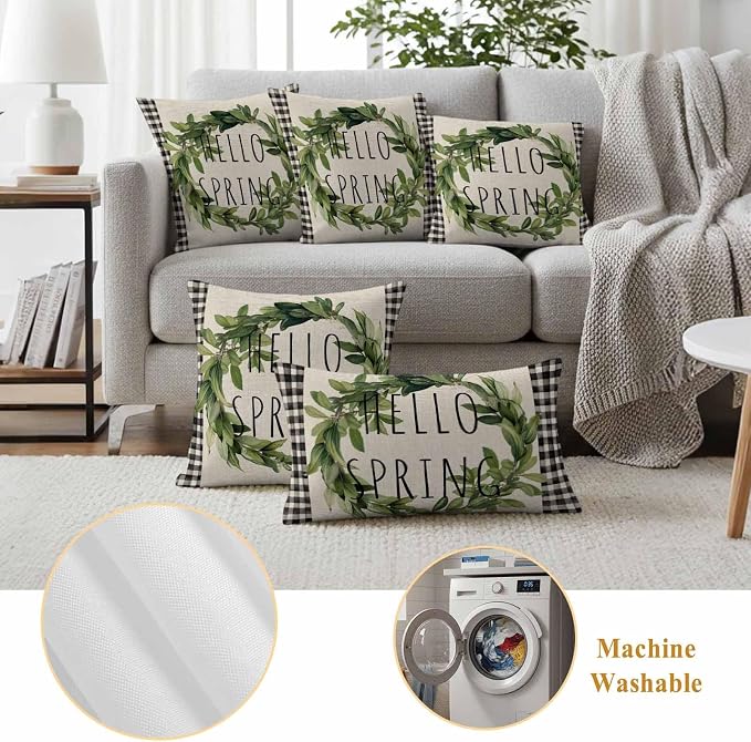 Hello Spring Outdoor Pillow Covers Pack of 2 Green Leaf Plant Black Plaid Vintage Linen Texture Waterproof Throw Pillow Covers Decorative Cushion Cases for Patio Garden Tent Balcony Couch 18x18 inch