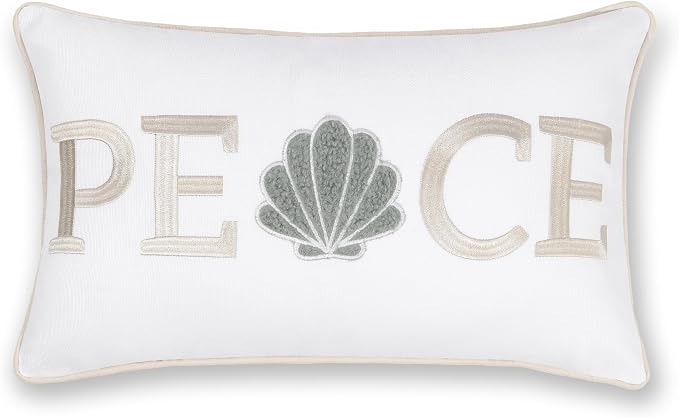 Hofdeco Premium Christams Coastal Patio Indoor Outdoor Lumbar Pillow Cover Only, 12"x20" Water Repellent for Backyard, Couch, Neutral Tan Embroidered Peace