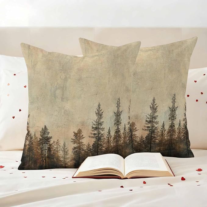 Outdoor Waterproof Pillow Covers 16x16Inch Vintage Forest Pine Tree Plant Throw Pillowcases for Patio Garden Couch Sofa Retro Natural Wild Scenery Decorative Cushin Case,Pack of 2