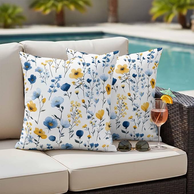 Watercolor Blue Outdoor Waterproof Throw Pillow Covers Set of 2, 16"x16", and Yellow Flower Leaves Spring Plant Decorative Pillow Covers Outside Cushion Case for Patio Porch Garden