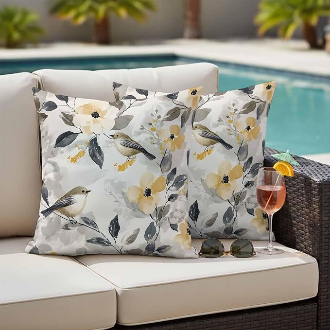 Outdoor Pillow Covers 18x18 Pack of 2, Abstract Bird Floral Artwort Decorative Pillow Cover Waterproof Pillowcase, Country Pastoral Style Farmhouse Cushion Covers for Garden Patio Sofa Couch Bench