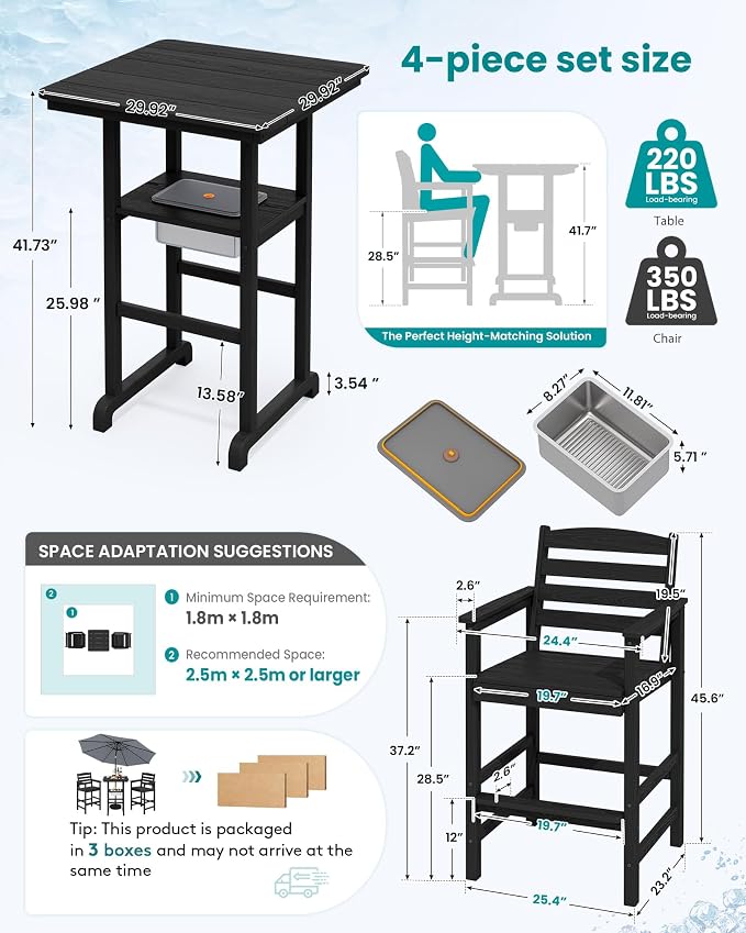 SERWALL Adirondack Bar Chairs and Table 3 Pieces Set with Umbrella, HDPE Bar Height Chairs Set of 2 and Bar Table with Ice Bucket, Outdoor Bar Stools Set for Balcony, Poolside, Backyard, Black