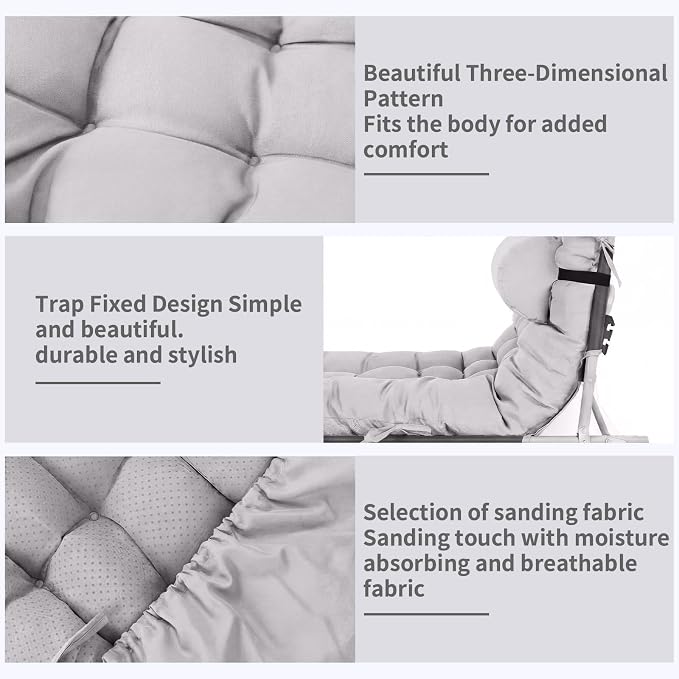 Tudomro Outdoor Chaise Lounge Cushion 66x21x4'' Waterproof & Fade-Resistant Patio Pool Chaise Lounge Cushion Headrest Pillow Tie Replacement Rocking High Back Chair(Light Gray,Set of 2)
