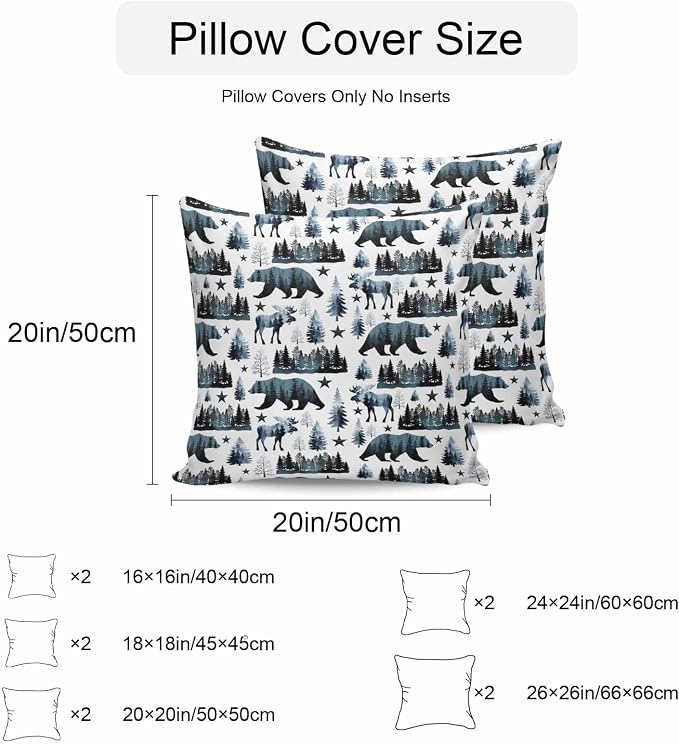 Bear Elk Cabin Outdoor Pillow Covers 16x16 Inch Throw Pillow Covers Set of 2 Waterproof Decorative Pillow Cases Farmhousee Pine Tree Forest Blue Cushion Covers for Patio Furniture Garden Couch Sofa