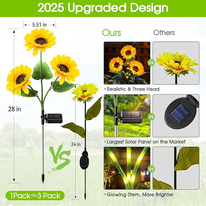 KOOPER Solar Lights Outdoor Garden Decor - Upgraded 6 Pack Solar Garden Lights with 18 Bigger Sunflower Lights, Solar Flowers Outdoor Waterproof for Flower Bed Yard Decor, Gift for Women Mom Grandma