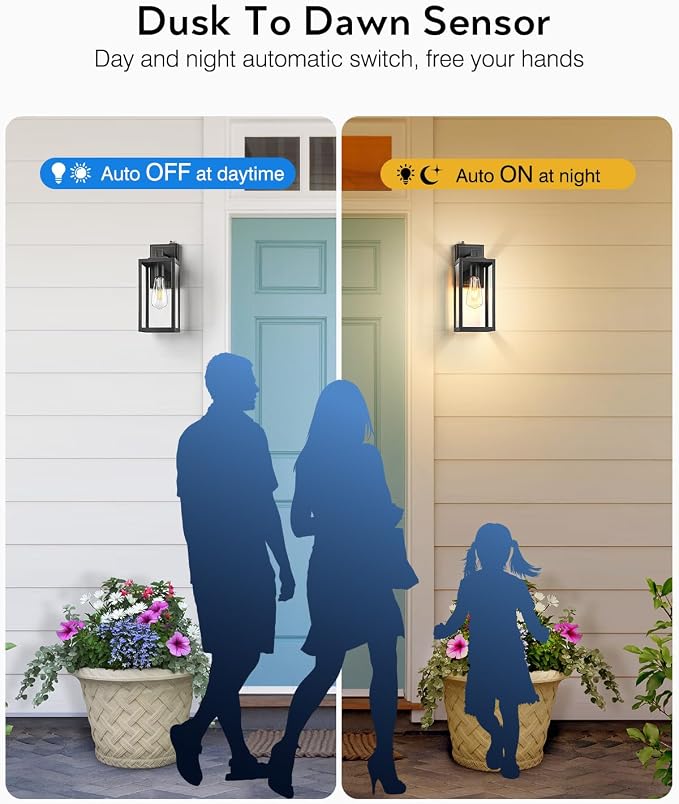 VIANIS Large 2 Pack Dusk to Dawn Outdoor Wall Lights, Black Gold Exterior House Lights Wall Mount Sconce, Modern Waterproof Front Porch Lanterns Light Fixture for Garage Coach, Outside Door Lights