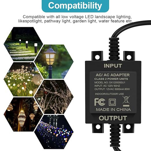 Low-Voltage Landscape Transformer, 60W 5A, converts 110V-120V AC to 12V AC. Landscape Lighting Transformer for Outdoor Lighting, Landscape Lighting, Swimming Pool Lights, LED Lights, Water Pumps, etc