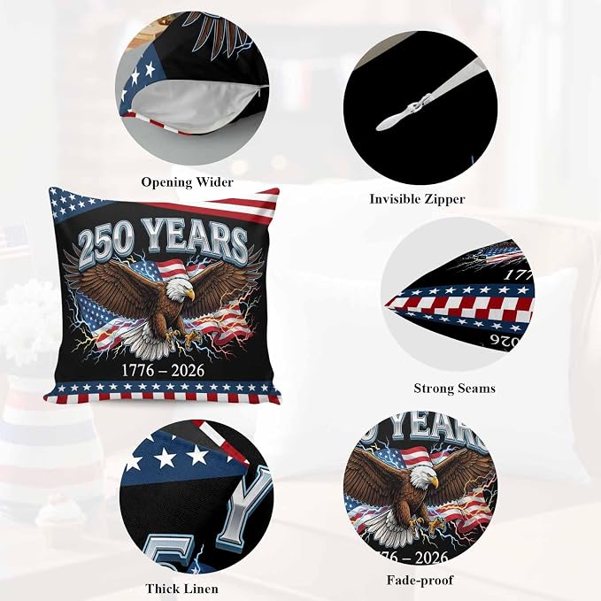 America 250 Years Eagle Outdoor Pillow Covers 18"x18" Set of 2, Independence Day Lightning Red Blue Flag Waterproof Throw Pillow Covers for Patio Furniture, Decorative Cushion Covers for Porch