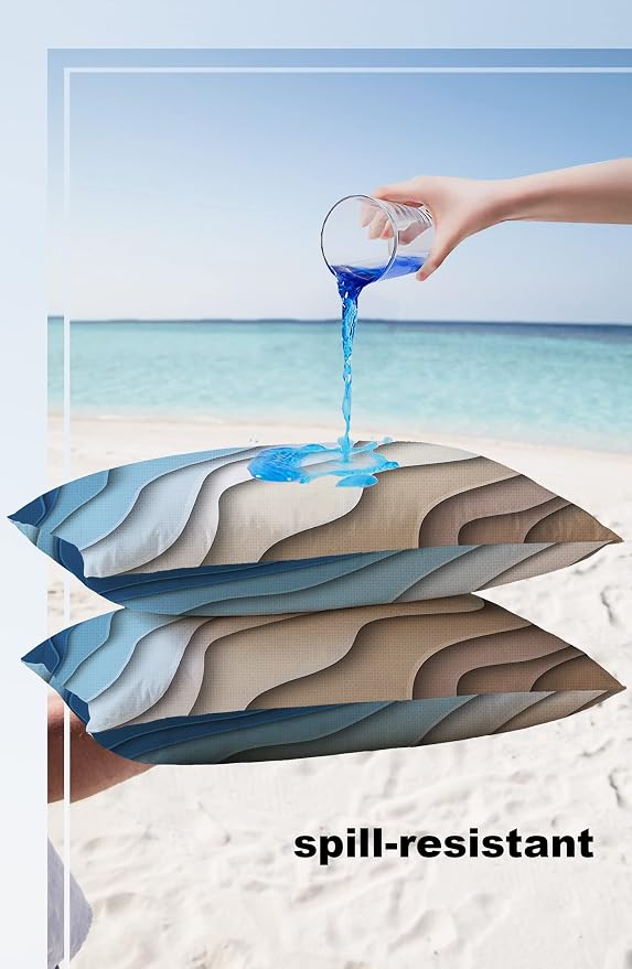 Outdoor Pillows 20x12 Waterproof Outdoor Pillow Covers, Ombre Stripes Blue Brown Polyester Throw Pillow Covers Garden Cushion Decorative Case for Patio Couch Decoration Set of 2, Abstract Striped