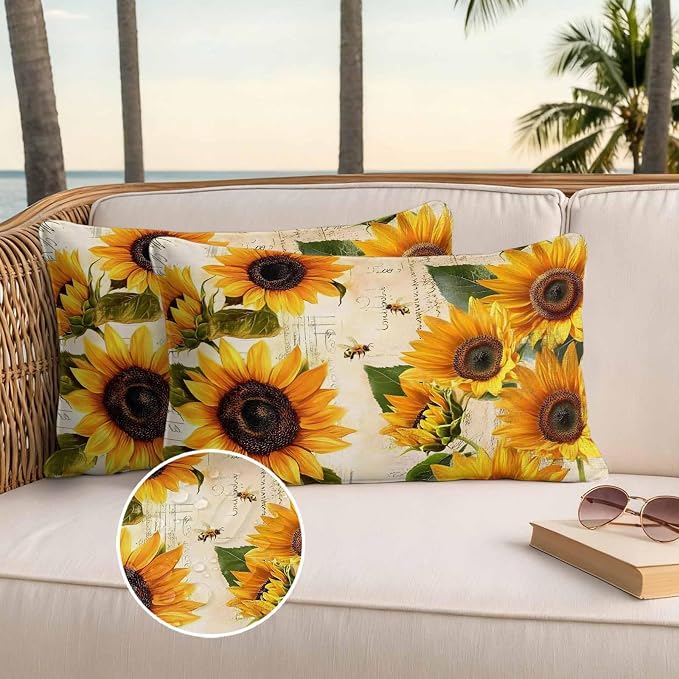 Lumbar Pillow Covers 20x12 Inch Set of 2, Yellow Sunflowers Waterproof Outdoor Cushion Covers, Country Vintage Botanical Floral Decorative Pillowcases for Couch, Sofa, Bed, Garden, Patio