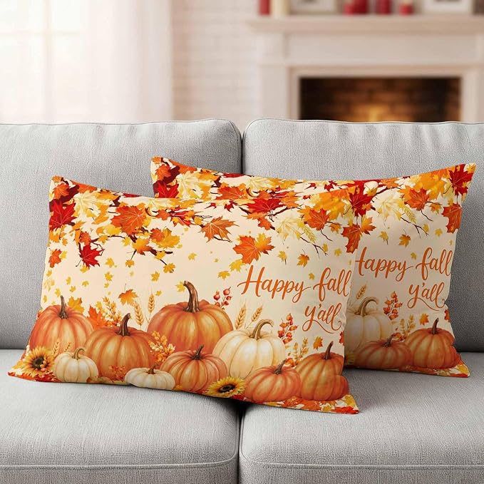 Orange Fall Waterproof Outdoor Pillow Covers 20''x12'' Set of 2, Maple Tree Branch Thanksgiving Pumpkin Patio Cushion Covers for Chairs,Decorative Countryside Leaves Pillow Cases for Garden/Pool/Beach