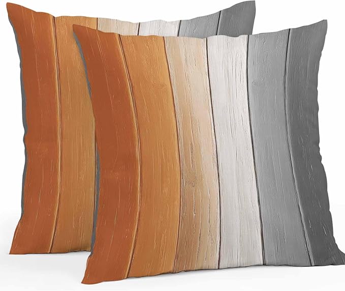 Throw Pillow Covers 16x16 Inch Set of 2, Burnt Orange Gray Ombre Waterproof Outdoor Cushion Covers, Vintage Farmhouse Wooden Decorative Pillowcases for Couch, Sofa, Bed, Garden, Patio