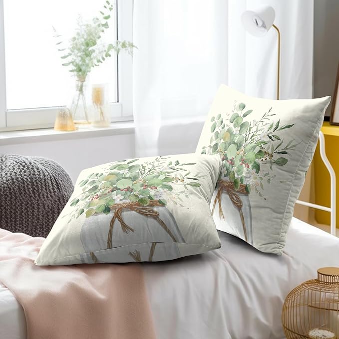 Eucalyptus Leaves Throw Pillow Covers 16x16, 2Pcs Green Leaf Plant Floral Mason Jar Decorative Pillow Cases Soft Cotton Square Cushion Cover for Bed Sofa Spring Season Home Decor