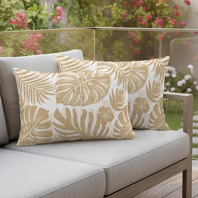 Khaki Palm Leaves Outdoor Pillow Covers 20"x12" Set of 2, Tropical Botanical Minimalist Modern Waterproof Throw Pillow Covers for Patio Furniture, Decorative Cushion Covers for Porch