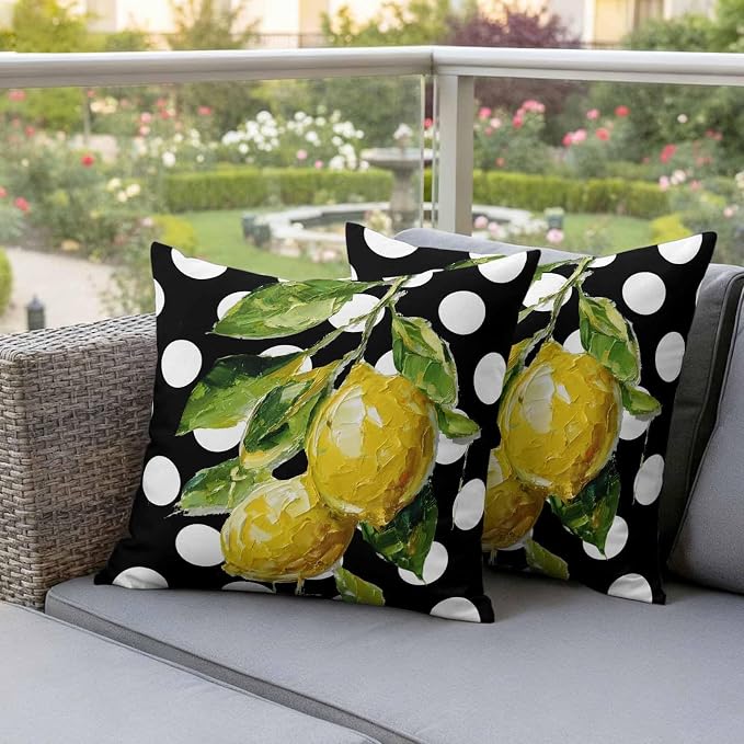 Waterproof Pillow Covers Set of 2,Farmhouse Yellow Lemon Green Leaf Outdoor Pillow Protectors with Zipper Pillowcases for Patio Tent Garden Beach 20x20 Inches Black White Polka Dot