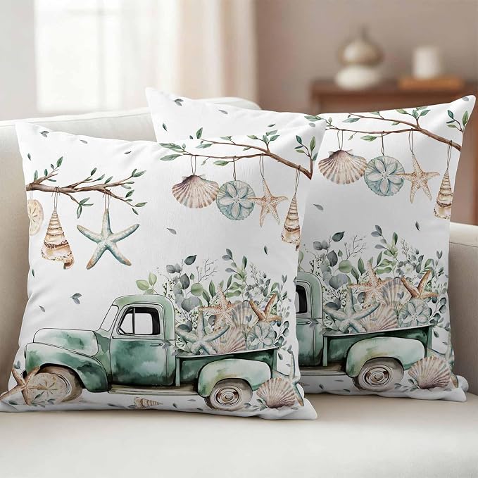 Sage Green Truck Outdoor Waterproof Throw Pillow Covers Set of 2, 20"x20", Ocean Starfish Shell Summer Leaf Decorative Pillow Covers Outside Cushion Case for Patio Porch Garden