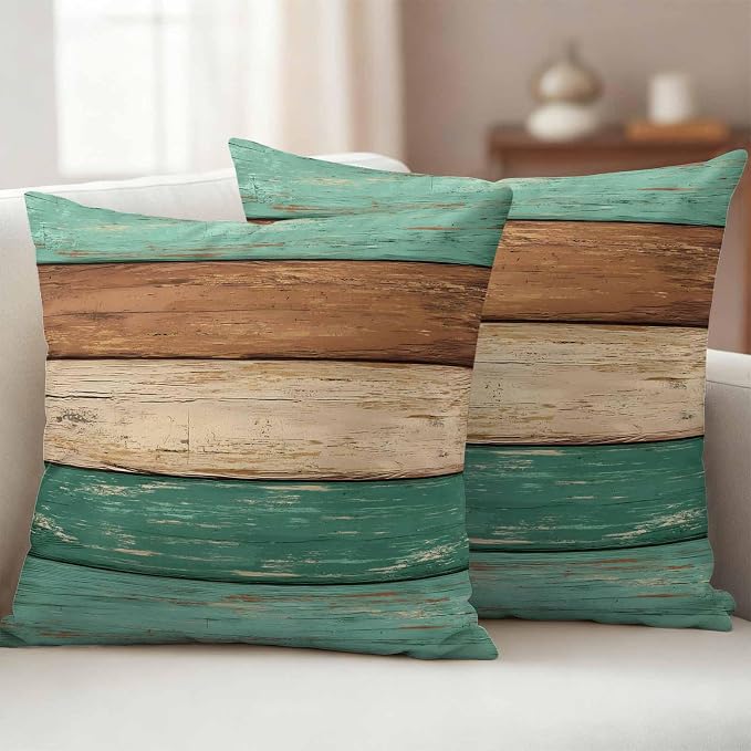 Farmhouse Teal Brown Outdoor Waterproof Pillow Covers, Vintage Wooden Striped Decorative Square Throw Pillowcase Sofa Cushion Sham for Patio/Couch/Chair, 26"x26" 2 Pack