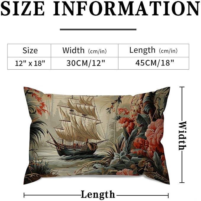 Rectangular Cushion Cover Moore Manor Antique Chinoiserie Pillow Case Rustic Vintage Boats and Flowers Pillow Cover Accent Outdoor Garden for Couch Sofa Bed Chair Indoor 12x18in